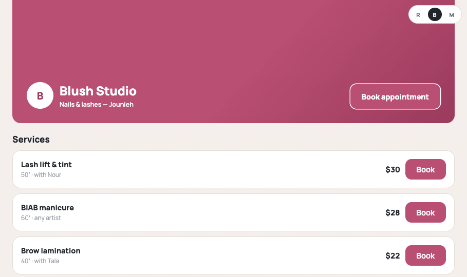 Booking page — Blush Studio brand