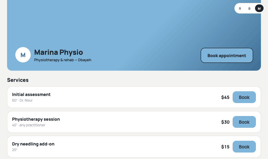Booking page — Marina Physio brand