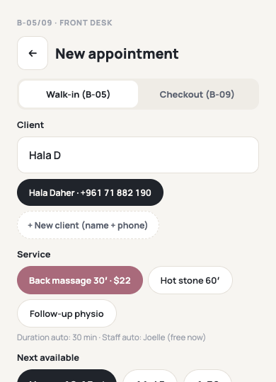Flexa Business — front desk walk-in