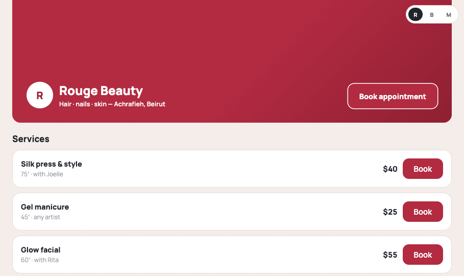 Booking page — Rouge Beauty brand