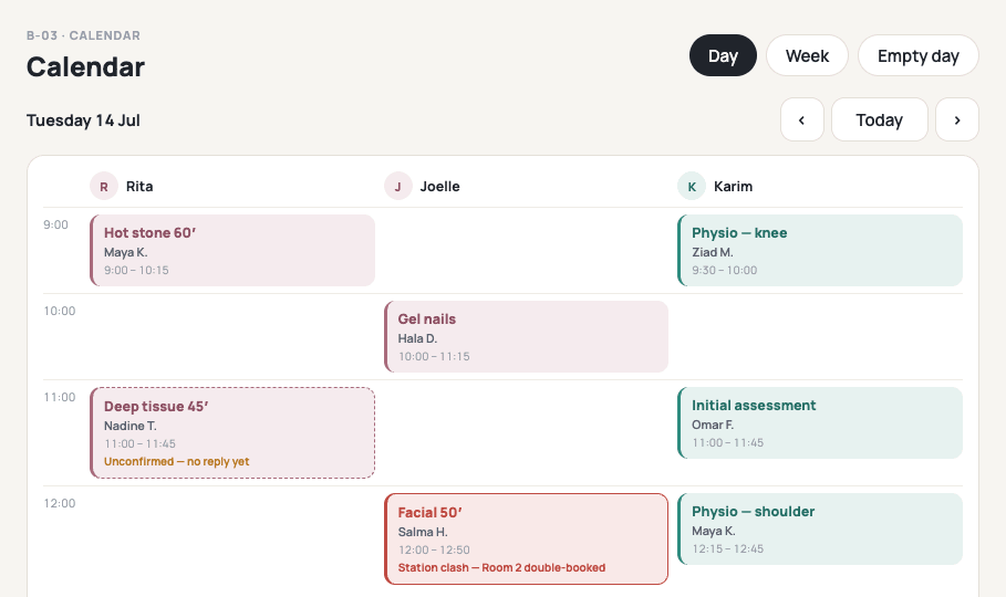 Flexa calendar — a day across three staff columns