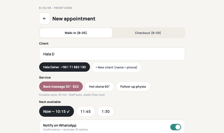 Front desk — WhatsApp confirmation and reminder toggle